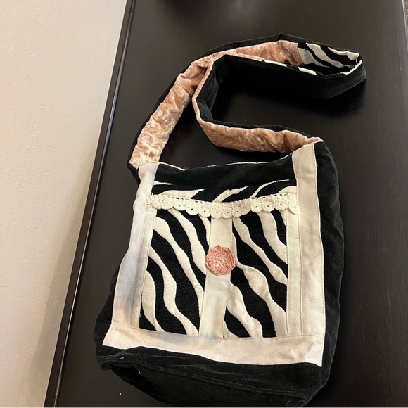 Velour Double sided crossbody Bag, boho chic,zebra print, lace accent - Picture 15 of 15